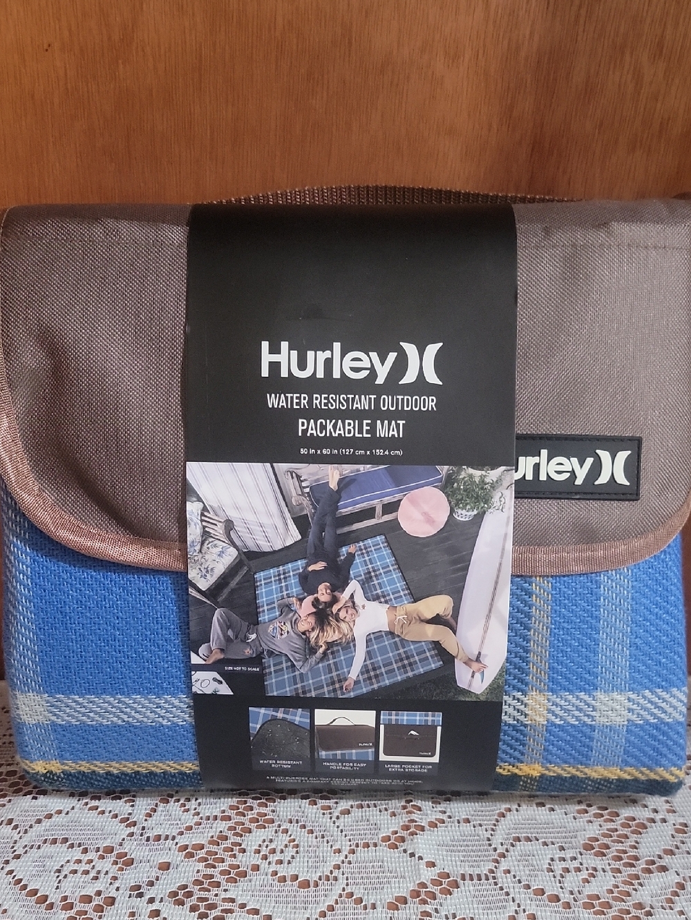 Hurley Blue Plaid Water Resistant Packable Outdoor Mat